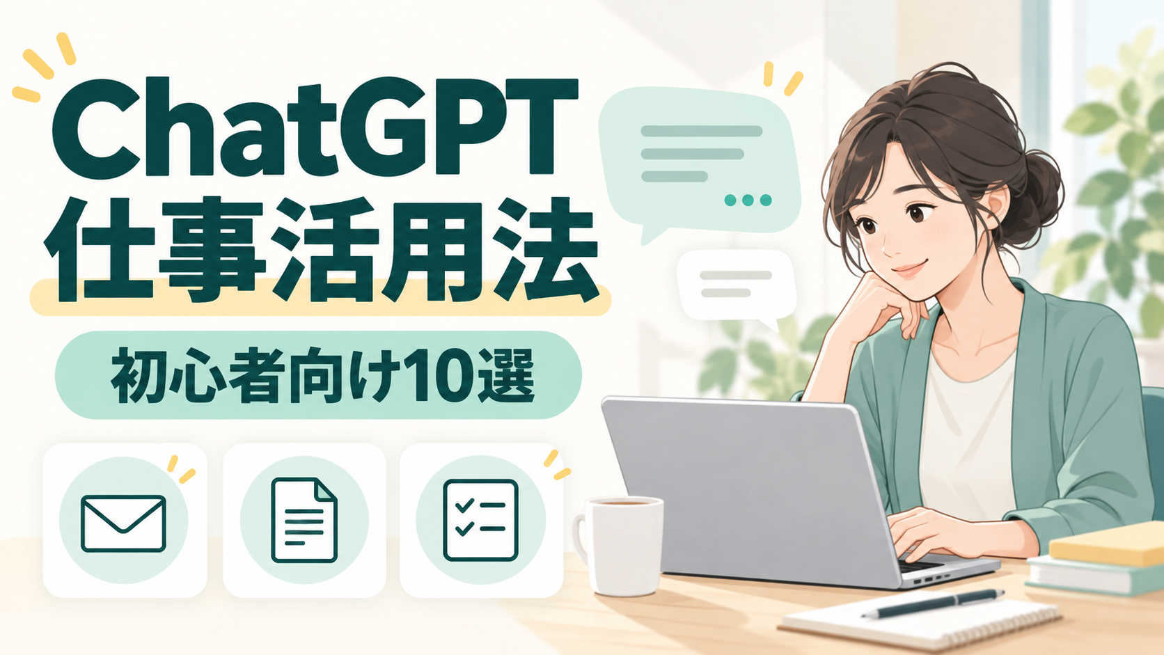 ChatGPTに相談しながら文章作成や情報整理を進める女性と、仕事活用法10選のイラスト