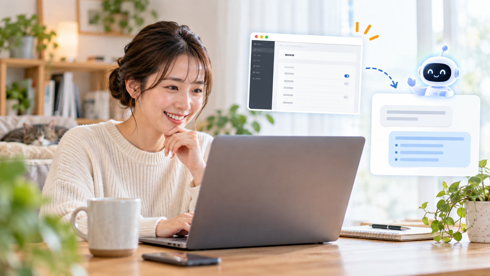 パソコンの設定画面をスクリーンショットでAIに相談する女性のイメージ
